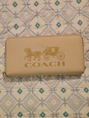 Coach Zip-Around Wallet in Beige with Gold Logo
